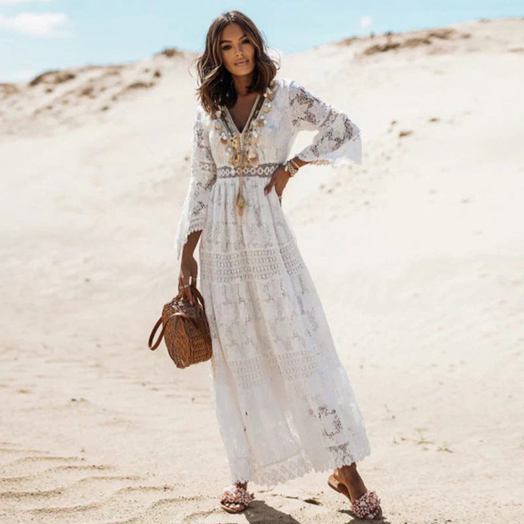 Lace maxi dress with long sleeves and a V-neckline