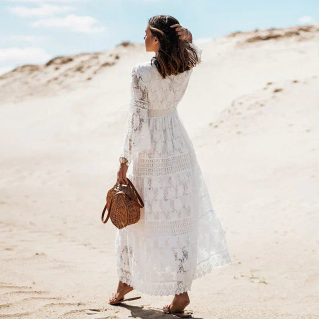 Lace maxi dress with long sleeves and a V-neckline