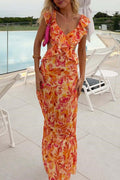 Flowy sleeveless summer maxi dress with ruffled straps