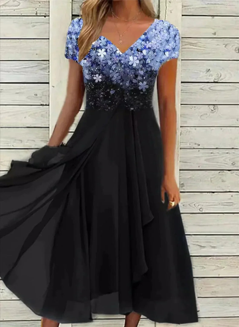 Chiffon midi dress with floral print and V-neckline