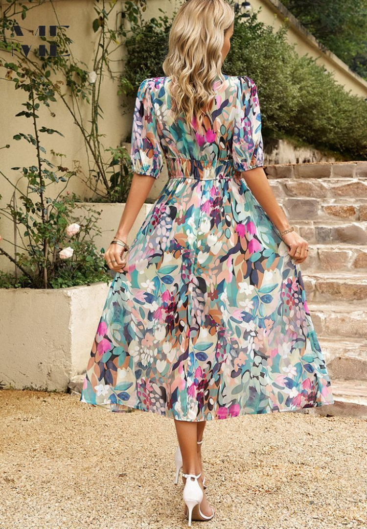 Floral midi dress with V-neckline and puff sleeves