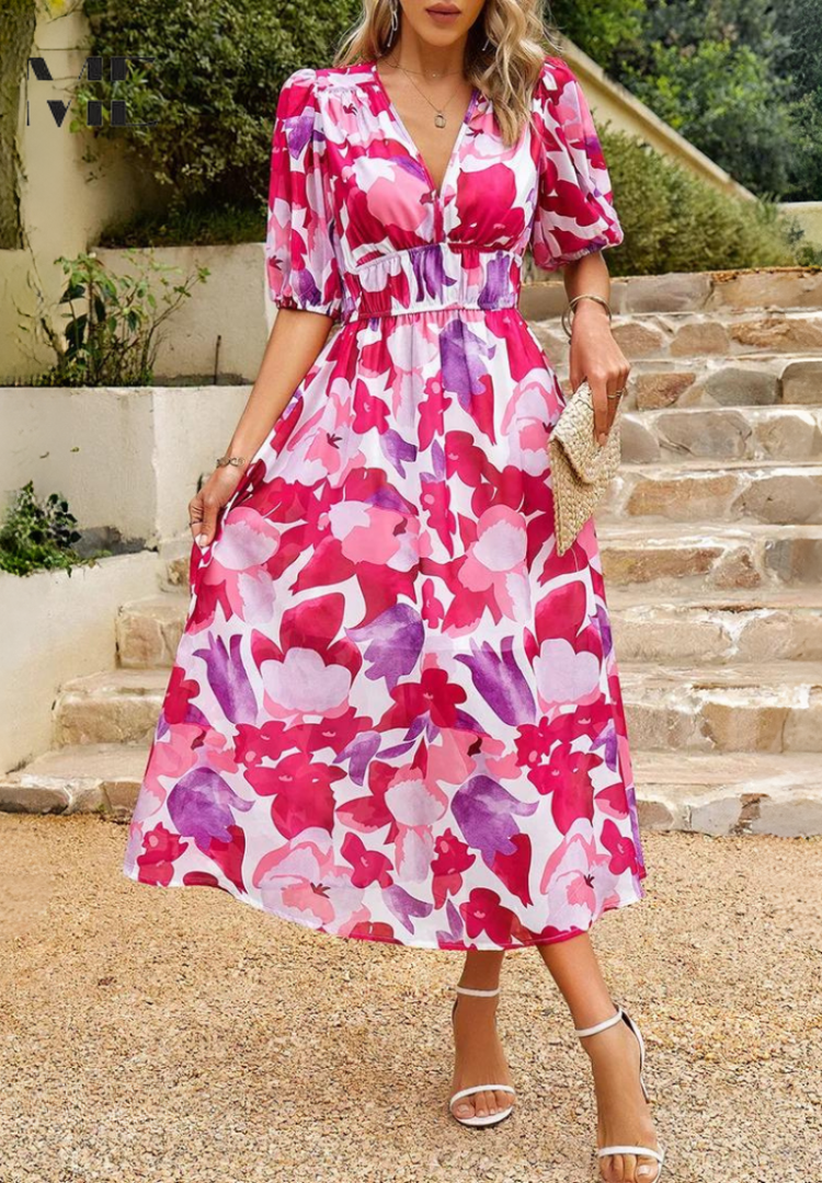 Floral midi dress with V-neckline and puff sleeves