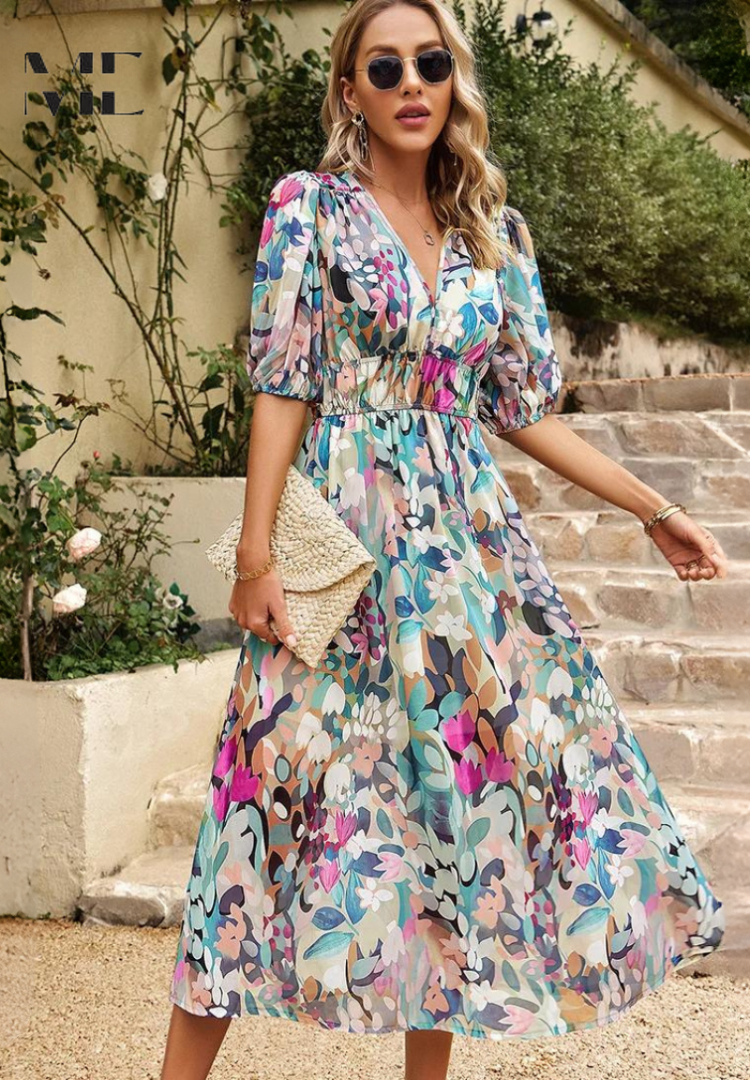 Floral midi dress with V-neckline and puff sleeves