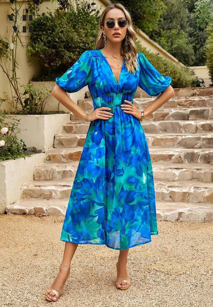 Floral midi dress with V-neckline and puff sleeves