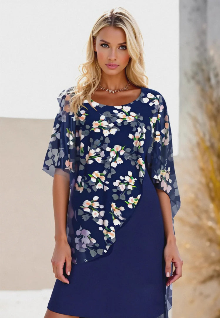 H-line dress with round neckline, floral print, and sheer layer