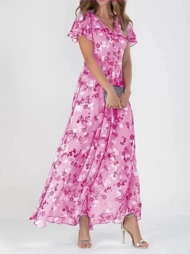 Maxi dress with floral print, V-neckline, and ruffled sleeves