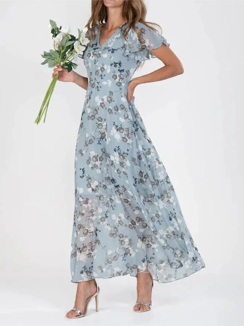 Maxi dress with floral print, V-neckline, and ruffled sleeves