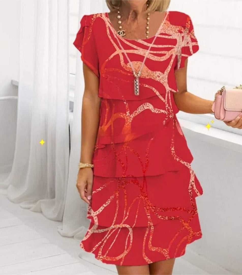 Layered dress with floral print and short sleeves