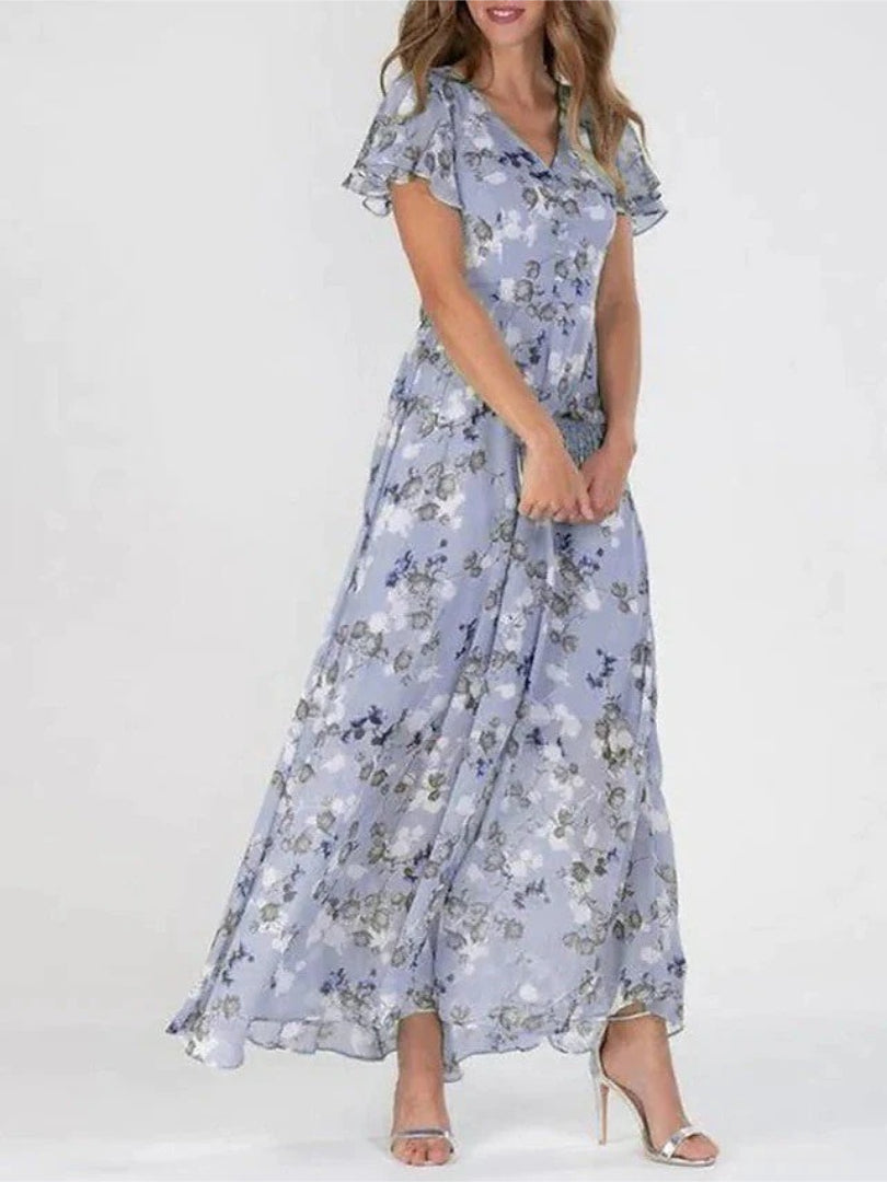 Maxi dress with floral print, V-neckline, and ruffled sleeves