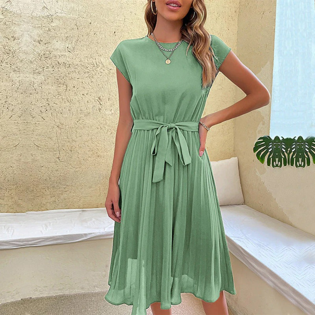 Midi dress with pleated skirt and tie belt