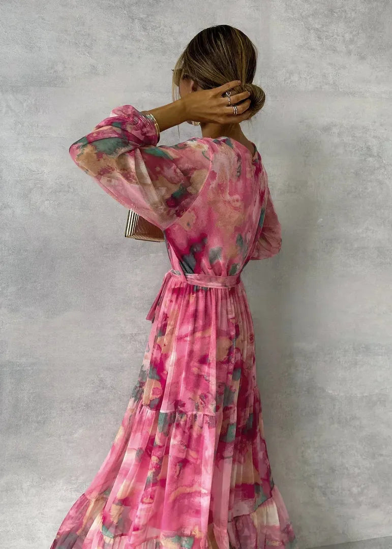 Long wrap dress with floral print and V-neckline