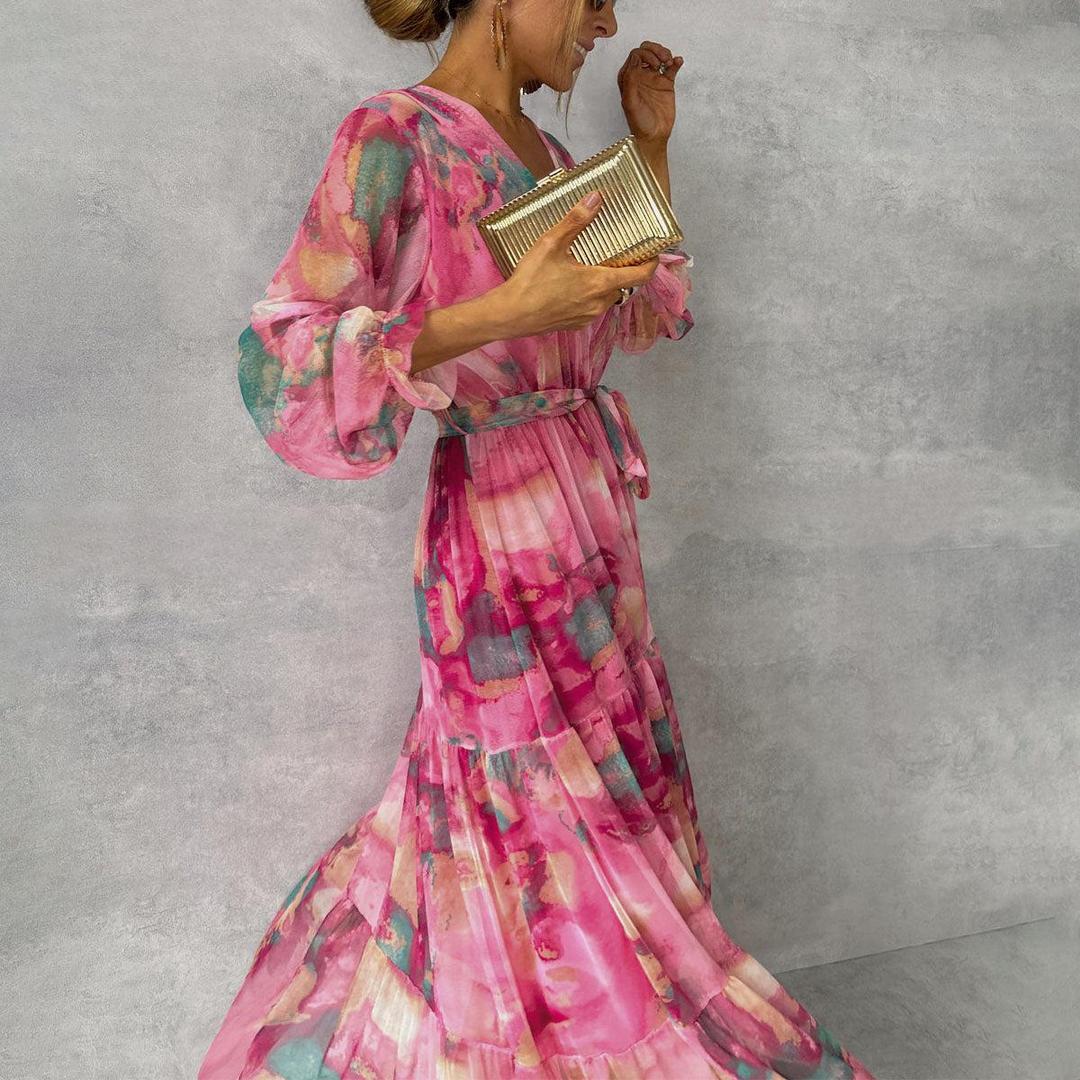 Long wrap dress with floral print and V-neckline