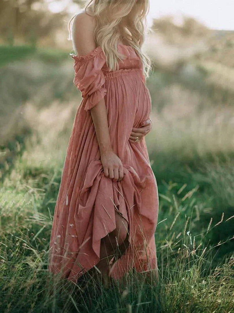 Maxi maternity dress with off-the-shoulder design