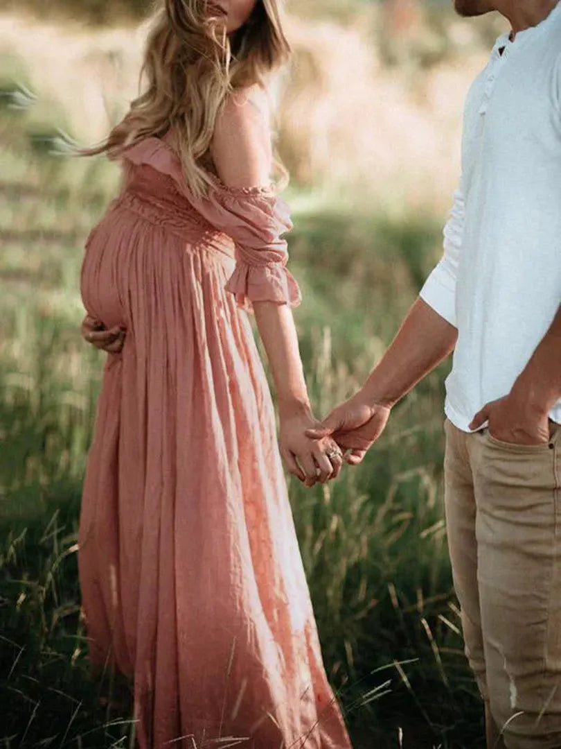 Maxi maternity dress with off-the-shoulder design