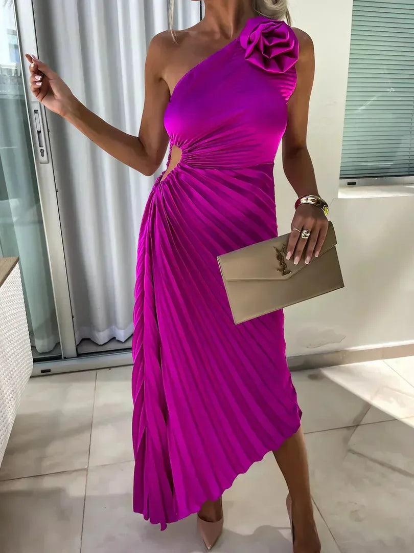 One-shoulder pleated midi dress