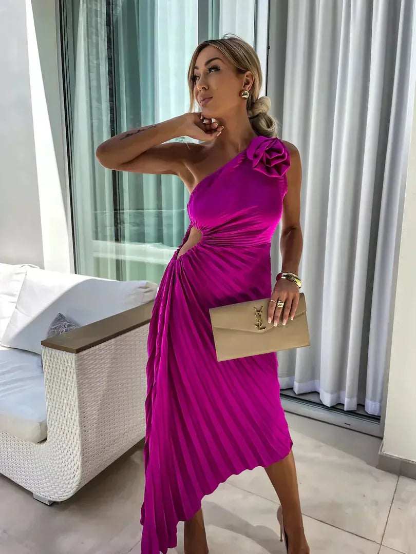 One-shoulder pleated midi dress