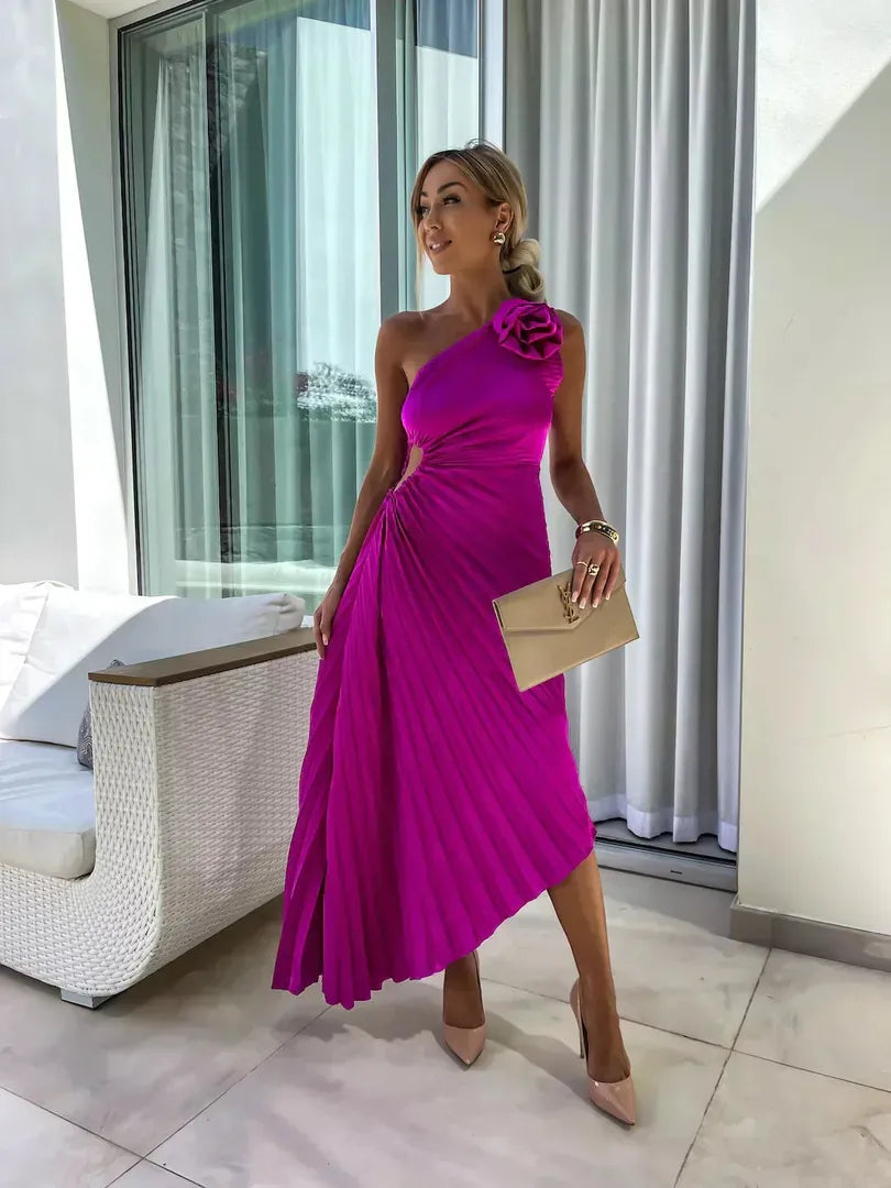One-shoulder pleated midi dress