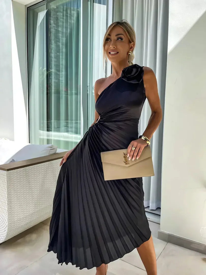 One-shoulder pleated midi dress