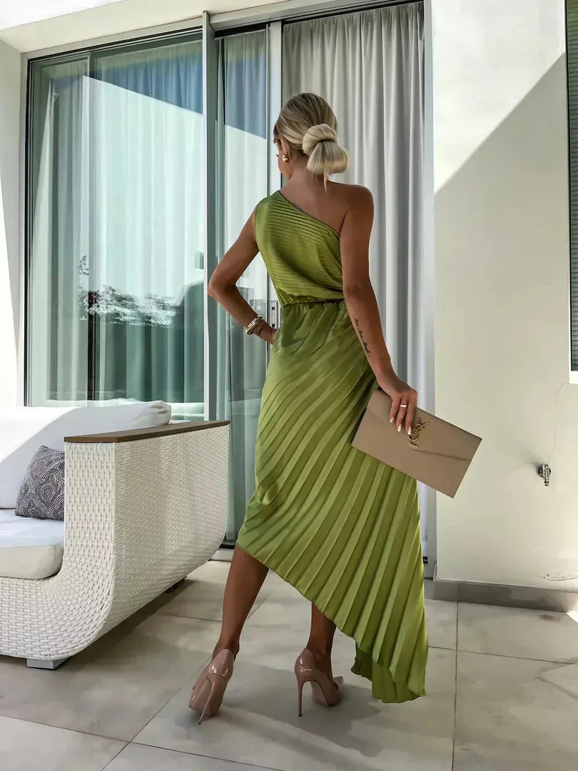 One-shoulder pleated midi dress