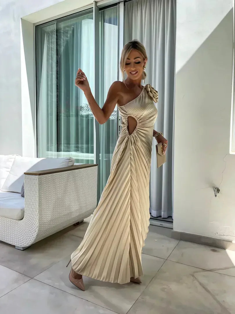 One-shoulder pleated midi dress
