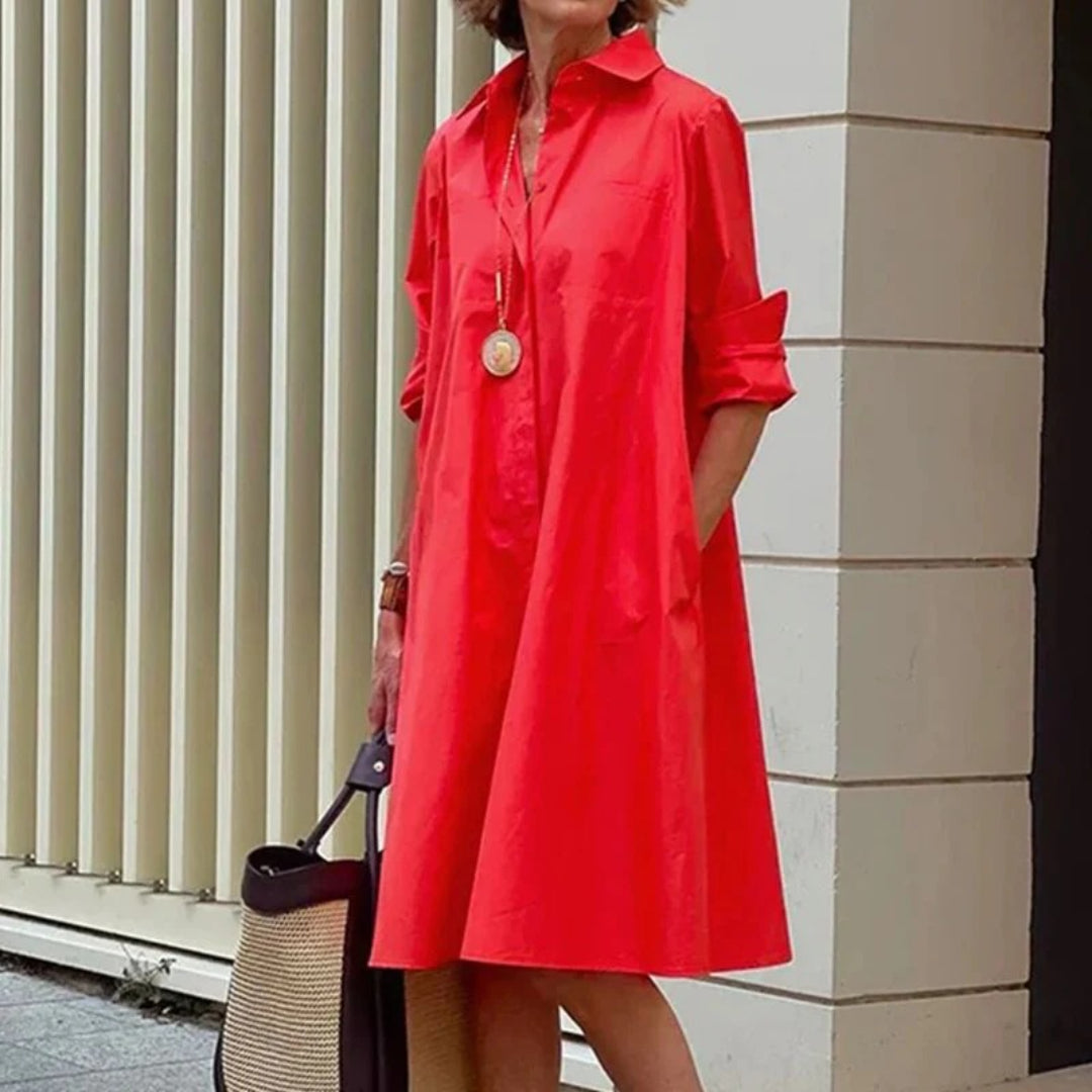 Loose shirt dress with collar and long sleeves
