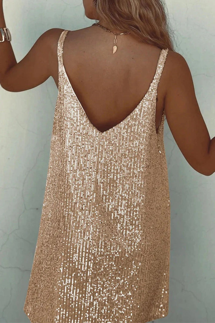 Sleeveless party mini dress with sequins and V-neck