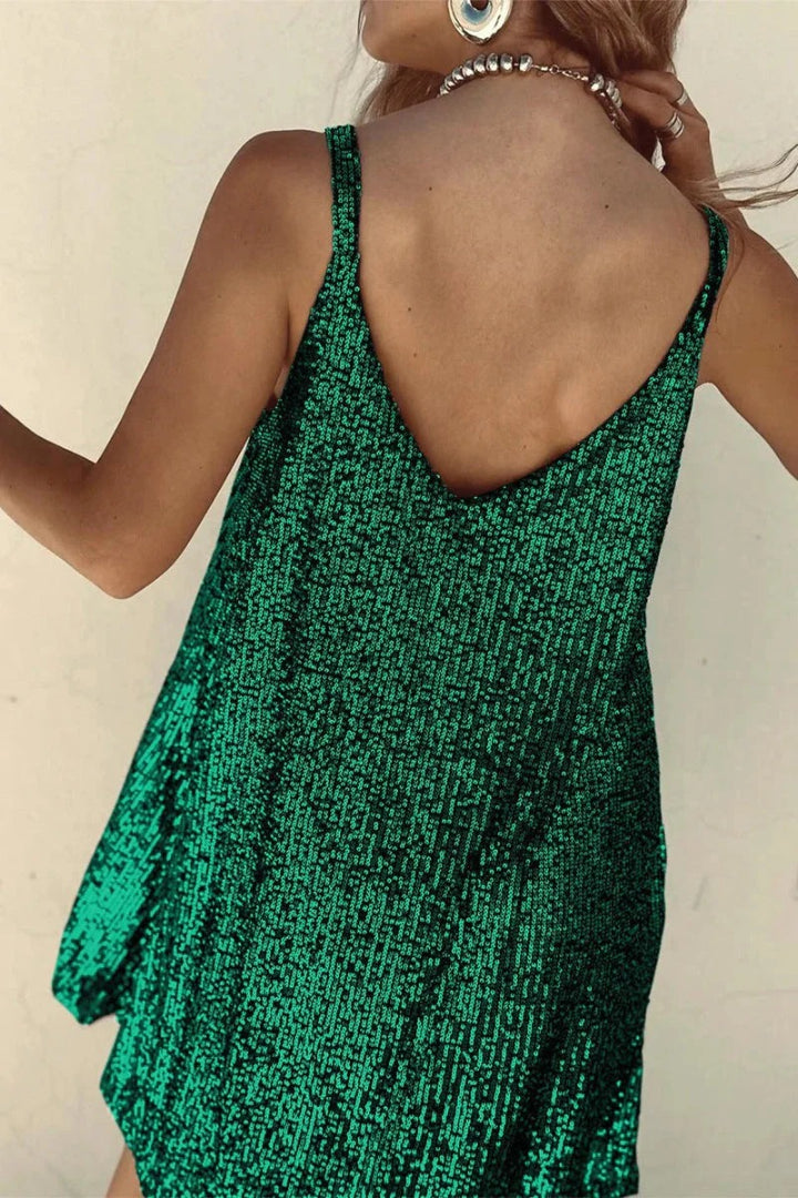 Sleeveless party mini dress with sequins and V-neck