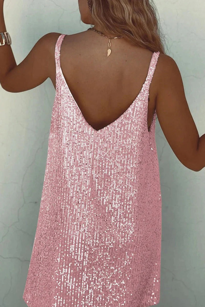 Sleeveless party mini dress with sequins and V-neck