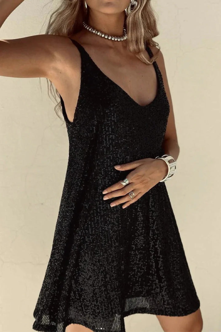 Sleeveless party mini dress with sequins and V-neck