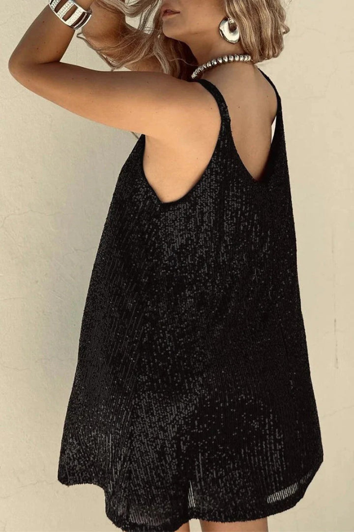 Sleeveless party mini dress with sequins and V-neck
