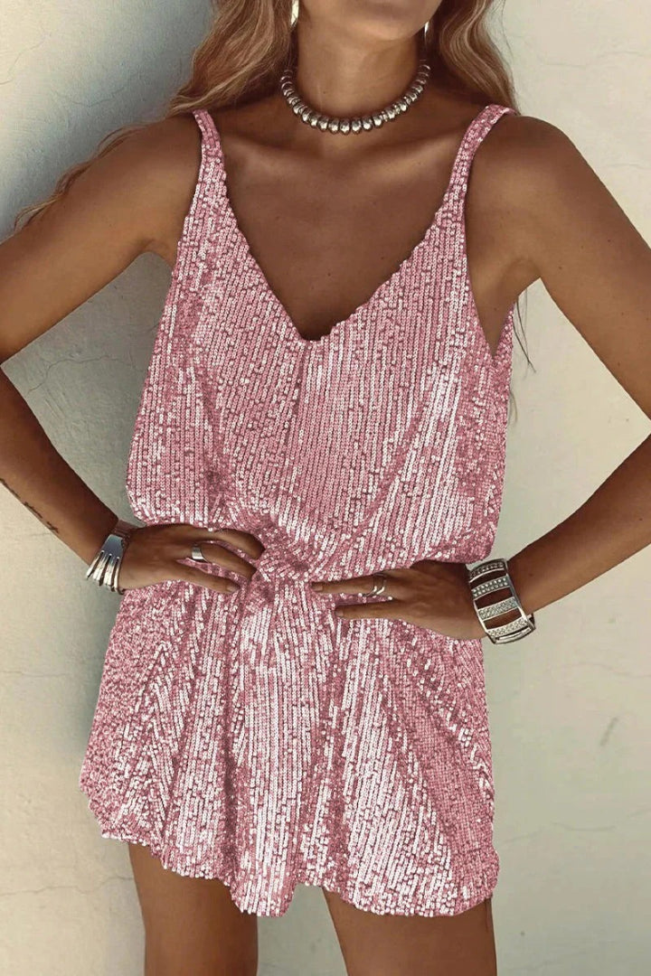 Sleeveless party mini dress with sequins and V-neck