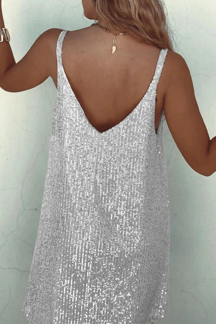 Sleeveless party mini dress with sequins and V-neck