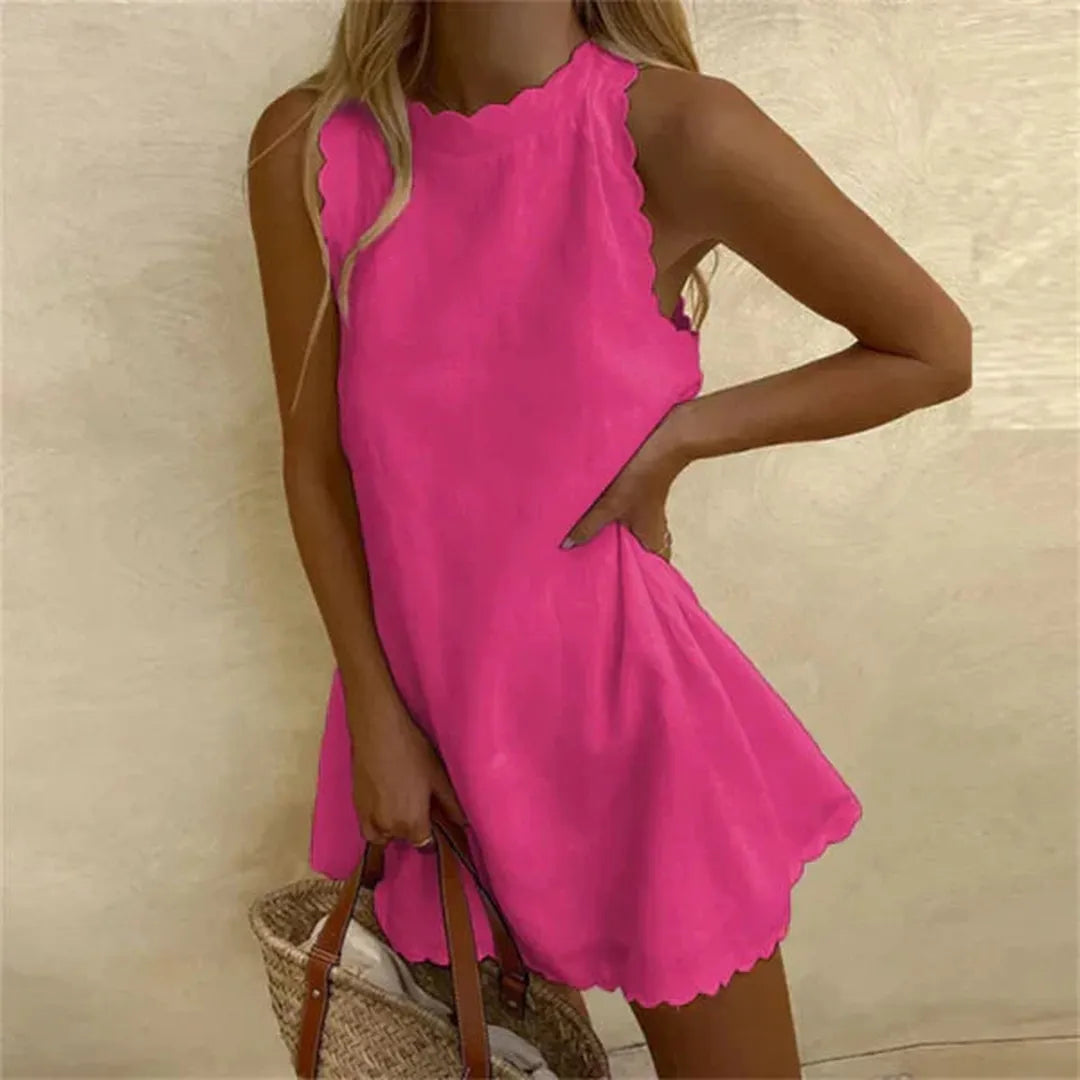 Sleeveless linen dress with round neckline