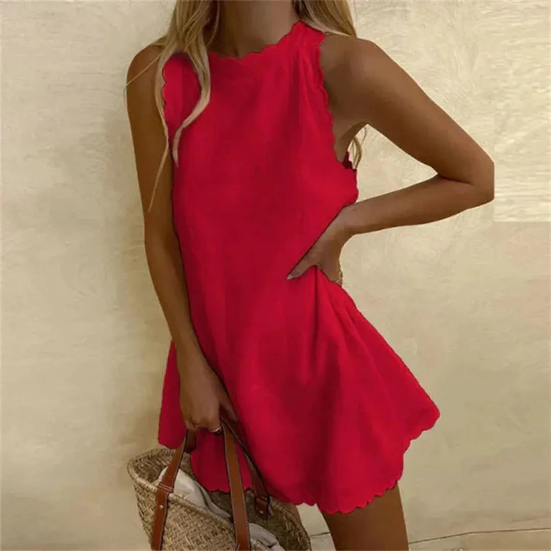 Sleeveless linen dress with round neckline