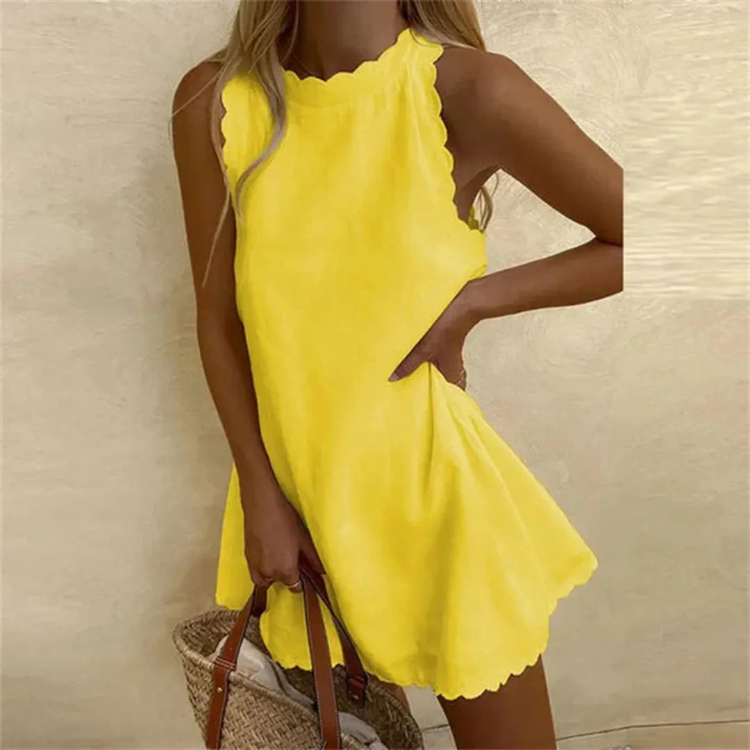 Sleeveless linen dress with round neckline