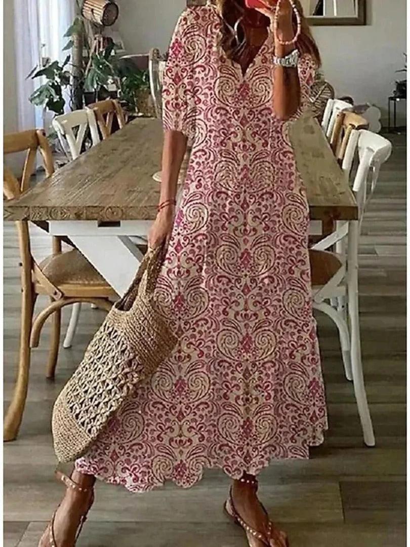 Boho style maxi dress with floral pattern and V-neckline