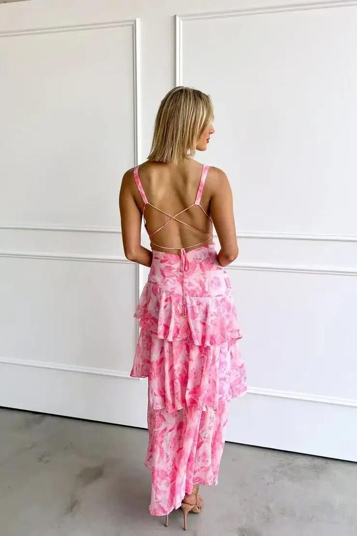 Maxi dress with V-neckline, layered ruffles, and floral print