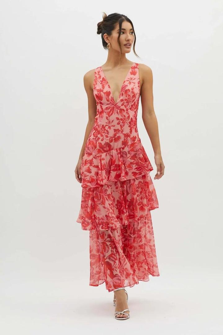 Maxi dress with V-neckline, layered ruffles, and floral print
