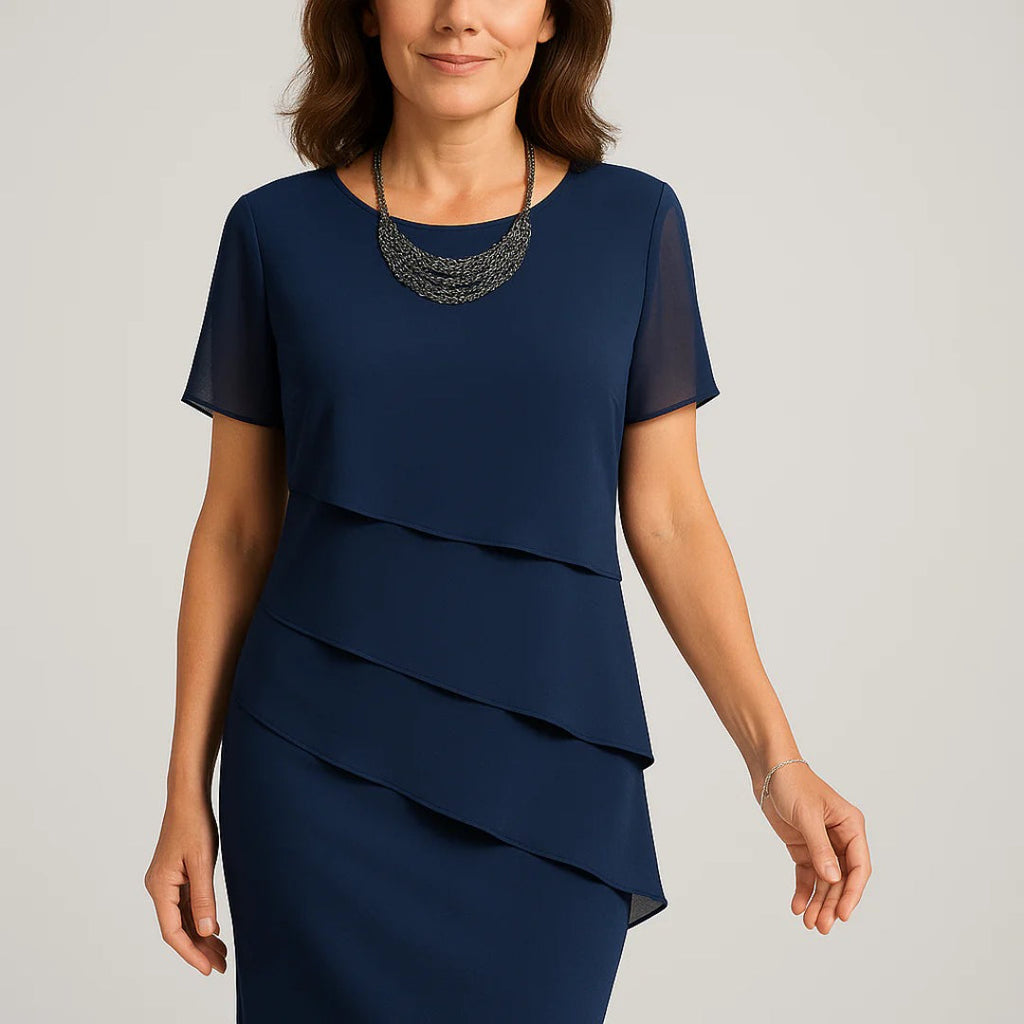 Chiffon pencil dress with layers and short sleeves