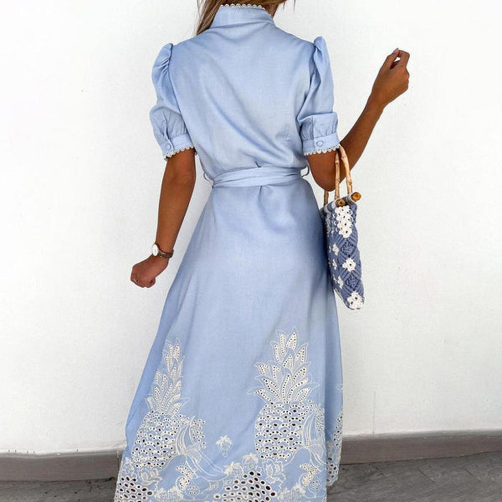 Embroidered maxi dress with waist tie and puff sleeves