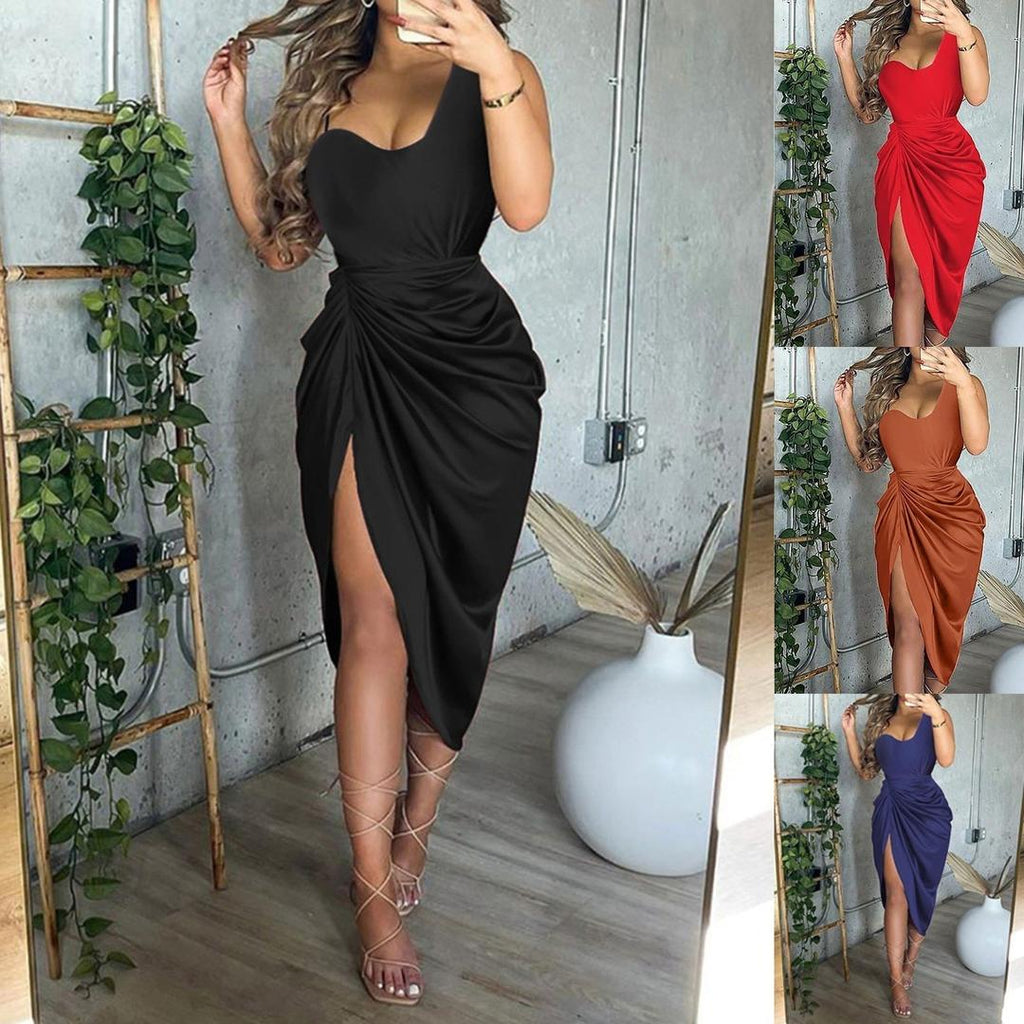 One-shoulder midi dress with ruching and slit