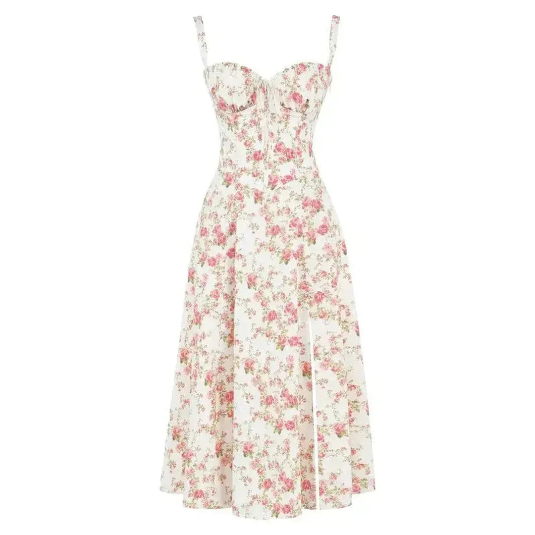 Floral corset-style midi dress with slit