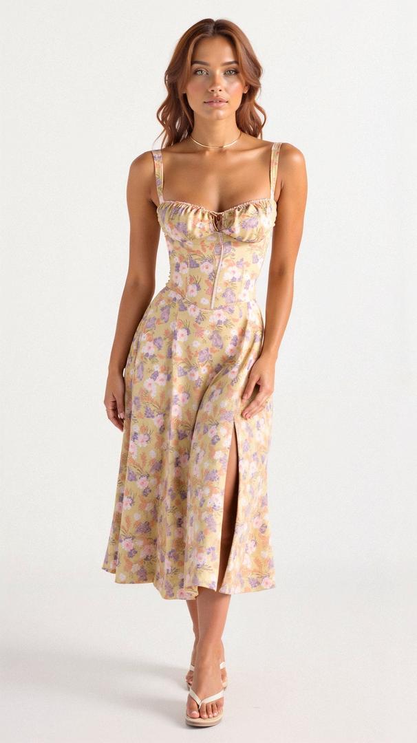 Floral corset-style midi dress with slit
