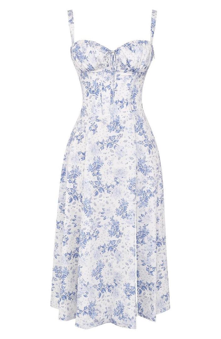 Floral corset-style midi dress with slit