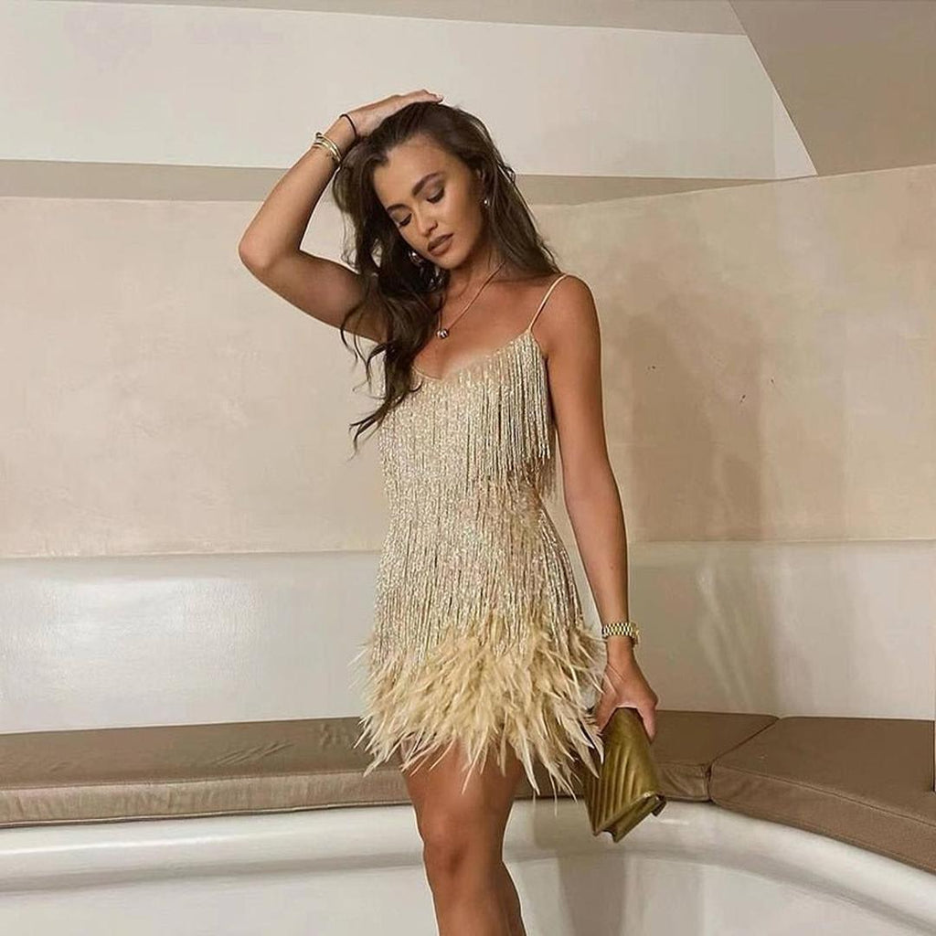 Mini sequin dress with fringe on spaghetti straps