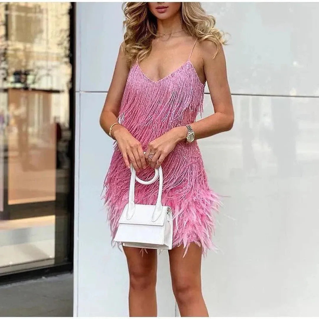 Mini sequin dress with fringe on spaghetti straps