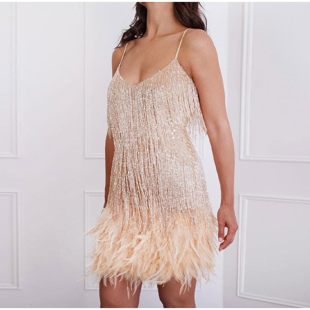 Mini sequin dress with fringe on spaghetti straps