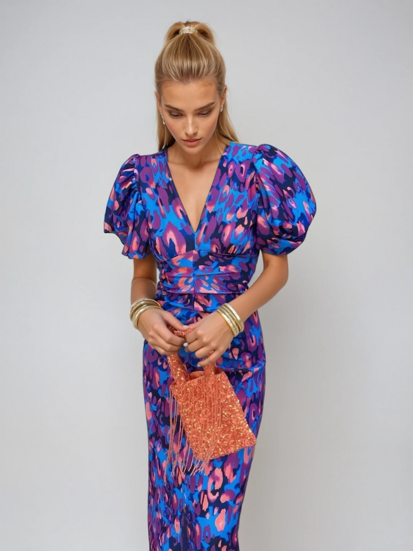 Midi dress with print, puff sleeves, and V-neckline