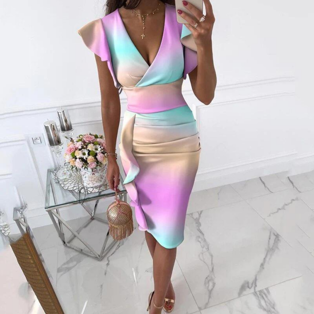 Printed dress with ruffled sleeves and V-neckline
