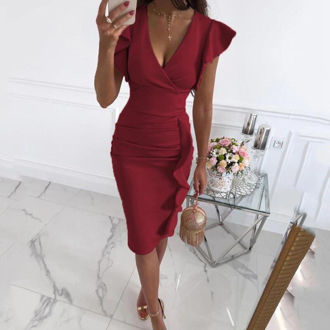 Printed dress with ruffled sleeves and V-neckline